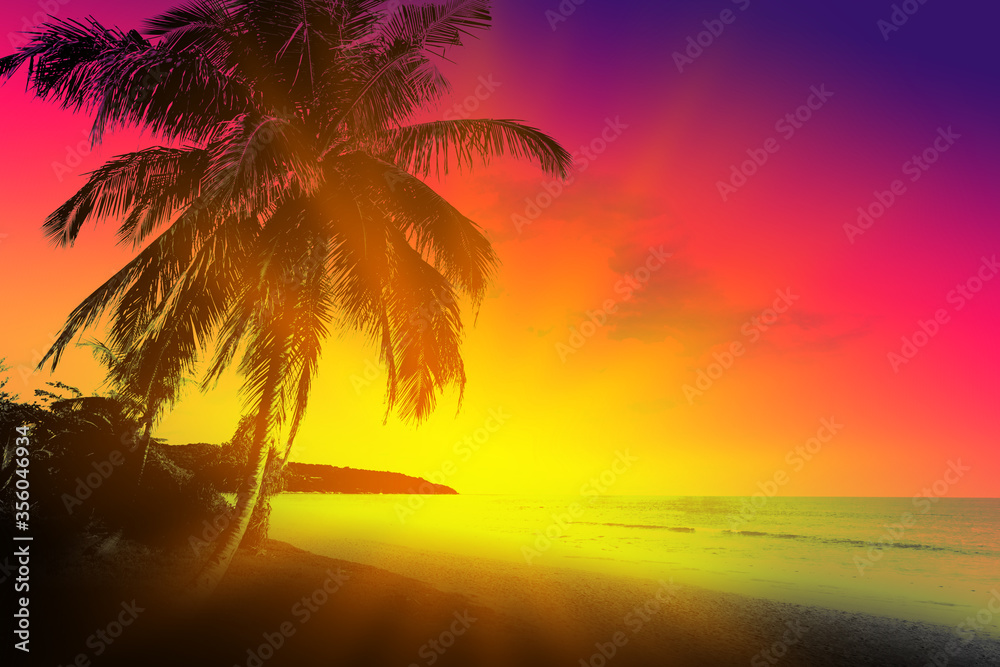 Sunset on tropical beach with palms