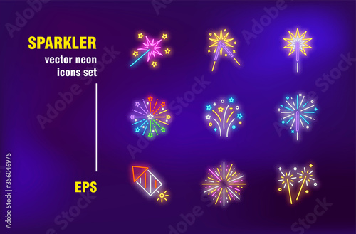 Sparkler set in neon style. Firework, lightning and star. Vector illustrations for bright billboards. Holiday and entertainment concept