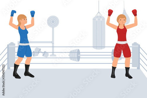 Two young female boxers fight in the ring. Cartoon characters train or compete. Dangerous sport vector illustration