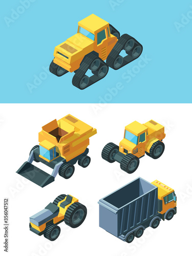 Agricultural isometric machines set. Modern vehicles rural industry caterpillar tractor grain truck wheeled farm tractor seeder machine harvester agro cultivation. Isometric cartoon vector.