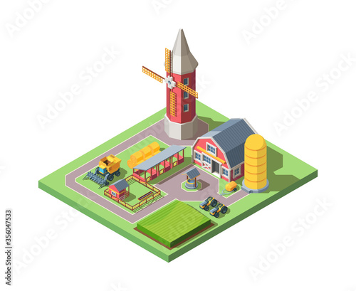 Farm isometric illustration. Modern farming system large mill tractor and combine well animal pens haystacks and silo concept progressive agricultural land tenure. Cartoon isometric vector. photo