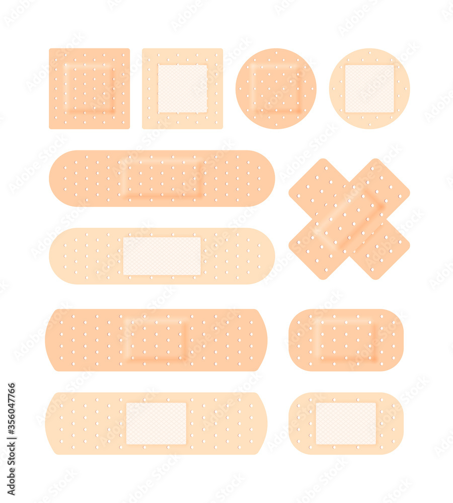 Adhesive plaster medical set. Antiseptic patch various forms direct square cruciform bactericidal corn medical healing first aid injuries cuts wounds. Vector realistic style. Adhesive plaster medical set. Antiseptic patch various forms direct square cruciform bactericidal corn medical healing first aid injuries cuts wounds. Vector realistic style.