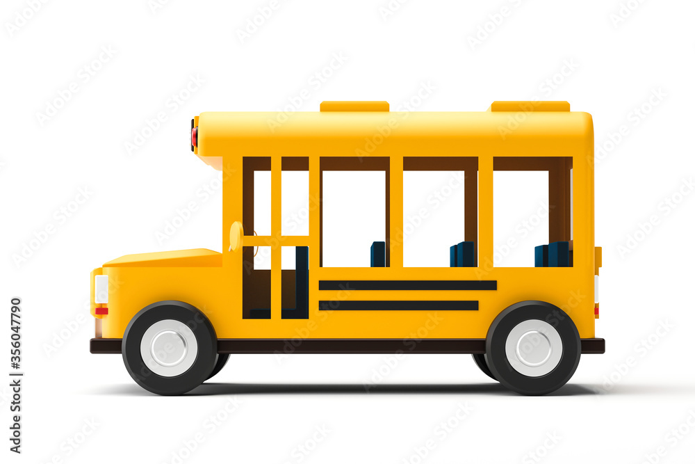 Yellow school bus and side view isolated on white background with back to school concept. Classic school bus automobile. 3D rendering.