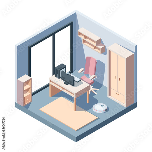 Study room isometric concept. Office modern design study room center computer chair table computer programmable cleaner large fashionable window entire wardrobe things corner. Vector illustration.