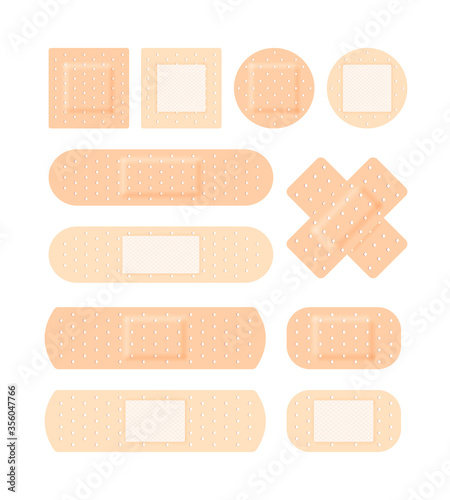Adhesive plaster medical set. Antiseptic patch various forms direct square cruciform bactericidal corn medical healing first aid injuries cuts wounds. Vector realistic style.