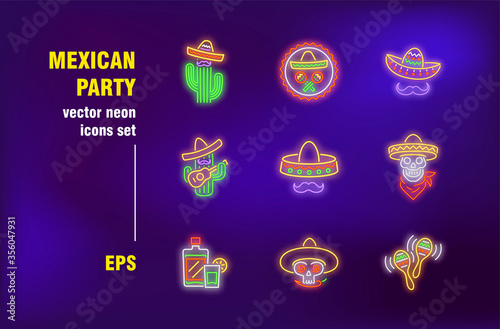 Mexican party neon signs collection. Cactus, tequila, chili and tequila. Vector illustrations for bright billboards. Celebration and entertainment concept