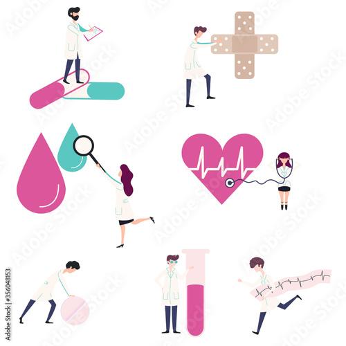 Vector set, little doctors, men and women, examine different organs, check heart rhythms, blood test, treat, make notes. Concept: medicine, health, treatment, prevention.