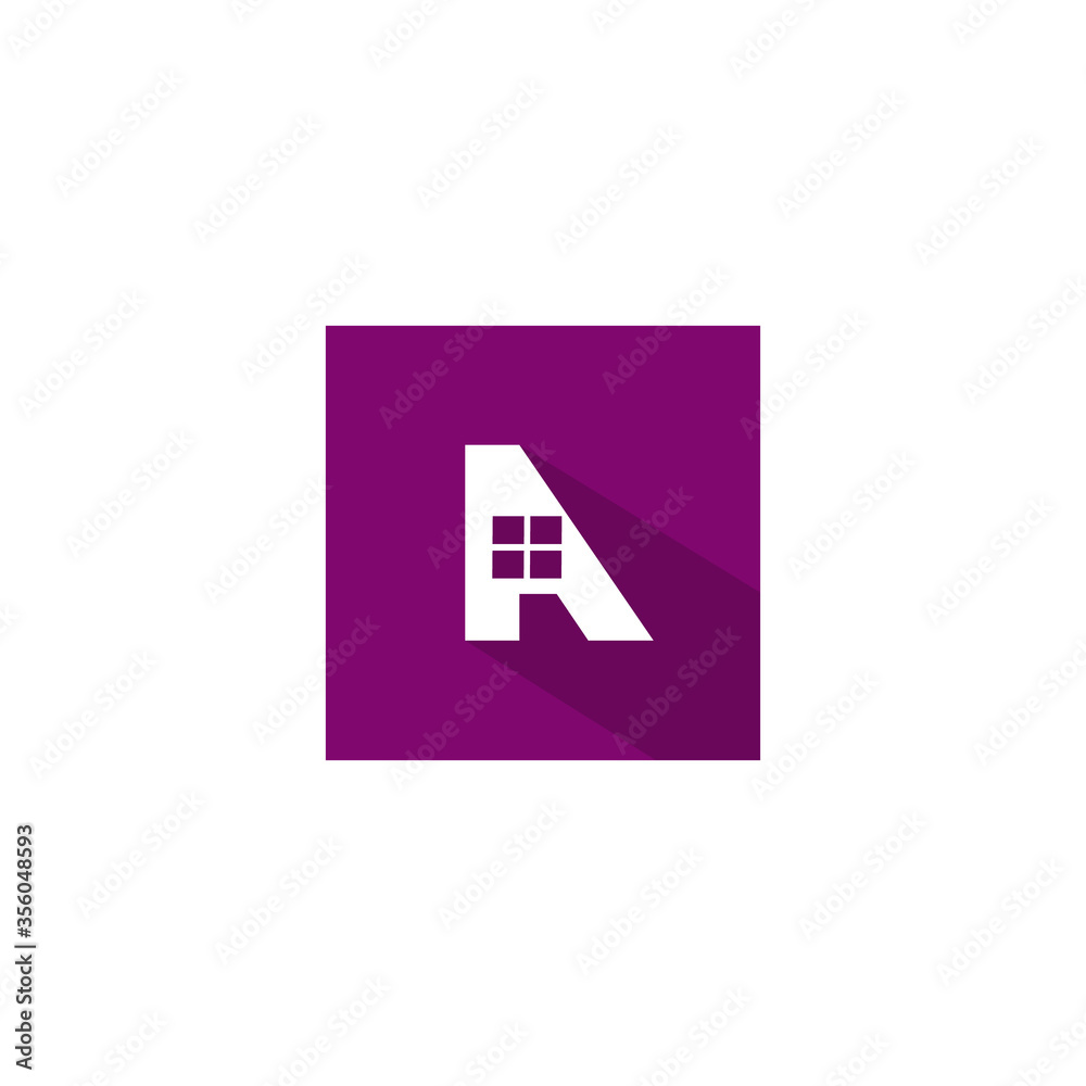A letter sign symbol with illustration window in purple square background A letter sign symbol with illustration window in purple square background