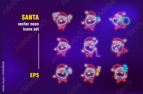 Santa neon signs set. Bell, gift, present and sparkler. Vector illustrations for night bright advertisement. Celebration and season holiday concept