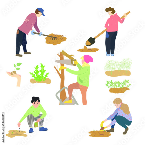 A set of people engaged in agriculture. Women and men, young and old, are digging up, loosening a rake, planting seeds of plants, sawing off old branches of trees. Concept: gardening, agriculture.