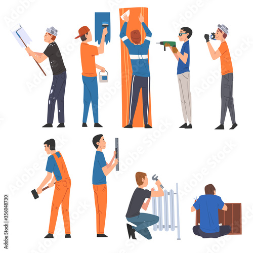 Male Construction Workers Doing Renovation at Home with Professional Equipment Set, Man Painting Walls, Gluing Wallpaper, Drilling Wall, Installing Heating and New Furniture Vector Illustration
