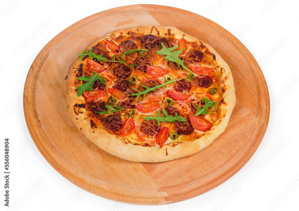 Pizza with sausage and cheese-filled thick outer ring Pizza with sausage and cheese-filled thick outer ring