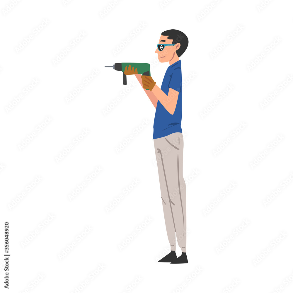 Man Working with Drill, Home Renovation, Male Construction Worker Character with Professional Equipment Vector Illustration on White Background Man Working with Drill, Home Renovation, Male Construction Worker Character with Professional Equipment Vector Illustration on White Background
