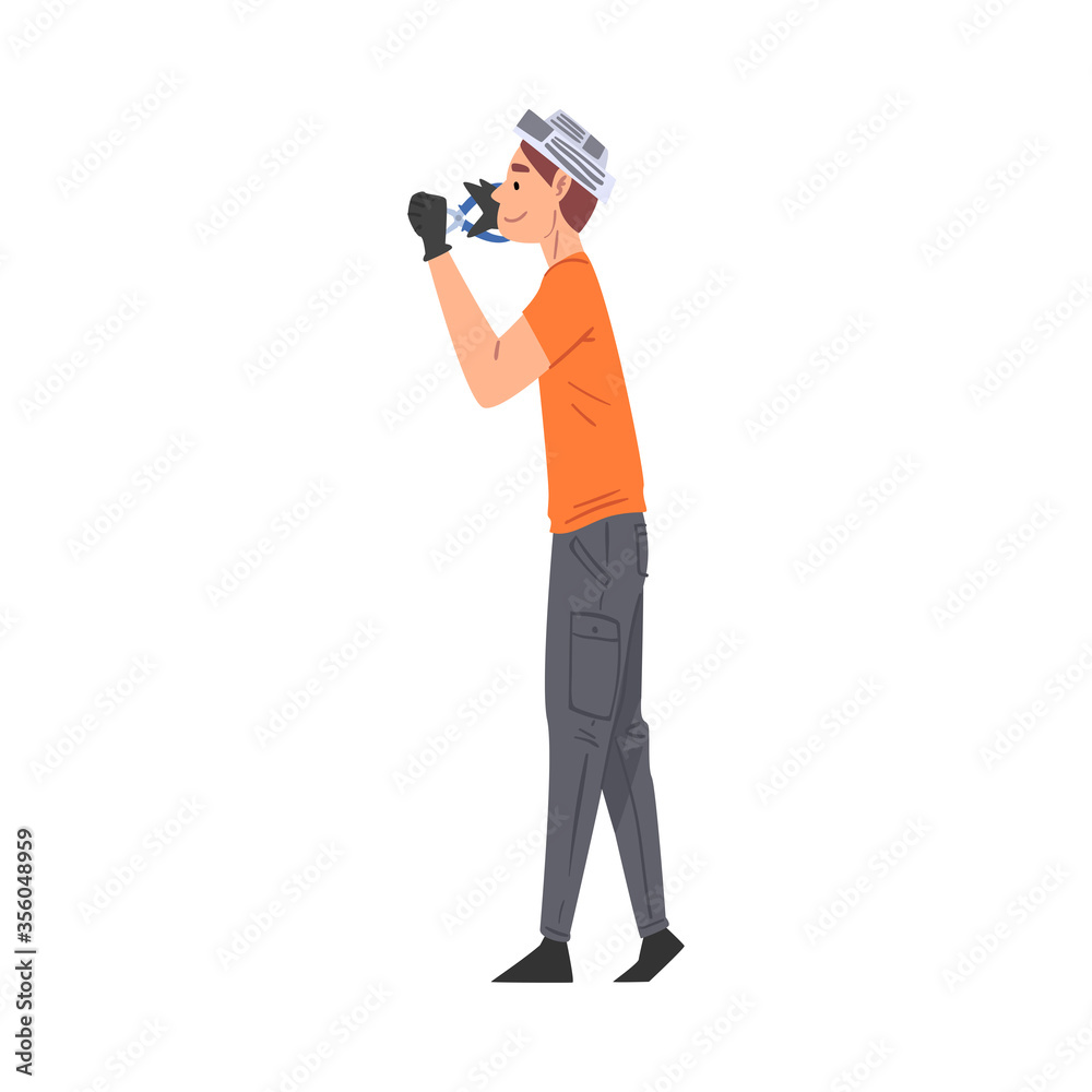 Man Using Pliers, Home Renovation, Male Construction Worker Character with Professional Tool Vector Illustration on White Background Man Using Pliers, Home Renovation, Male Construction Worker Character with Professional Tool Vector Illustration on White Background