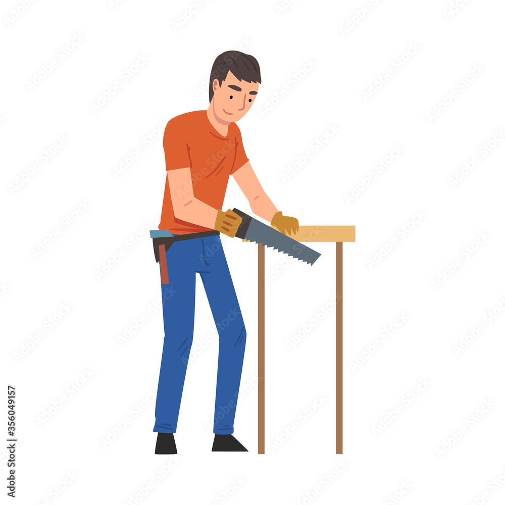 Man Cutting Wooden Plank Using Saw, Home Renovation, Male Construction Worker Character with Professional Equipment Vector Illustration Man Cutting Wooden Plank Using Saw, Home Renovation, Male Construction Worker Character with Professional Equipment Vector Illustration