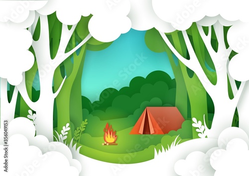 Summer camping in forest, vector illustration in paper art style