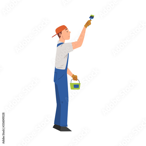 Man Painting Wall with Brush, Home Renovation, Male Construction Worker Character with Professional Equipment Vector Illustration