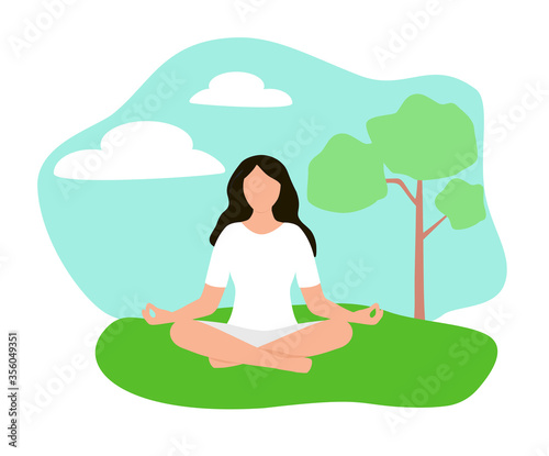 Woman meditating in nature leaves. Activity in door for yoga, meditation, relax, recreation and healthy concept. Flat style vector illustration