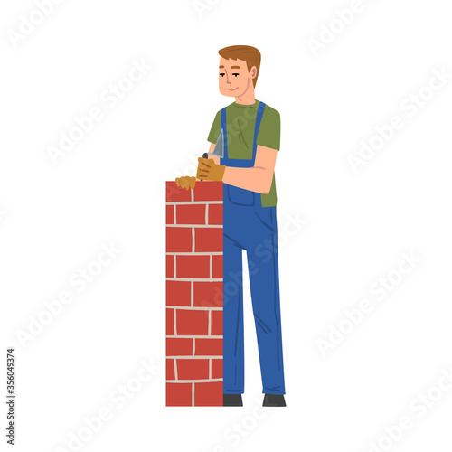 Man Laying Bricks, Male Construction Worker Character Building Wall Vector Illustration on White Background