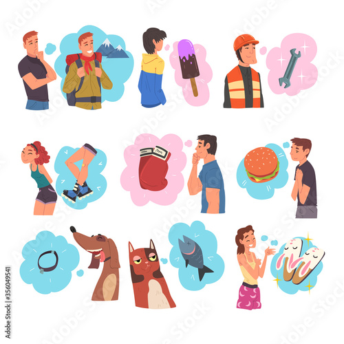 Human Thoughts and Needs Set, People and Animals Dreaming about Sweets, Food, Vacation Cartoon Style Vector Illustration on White Background