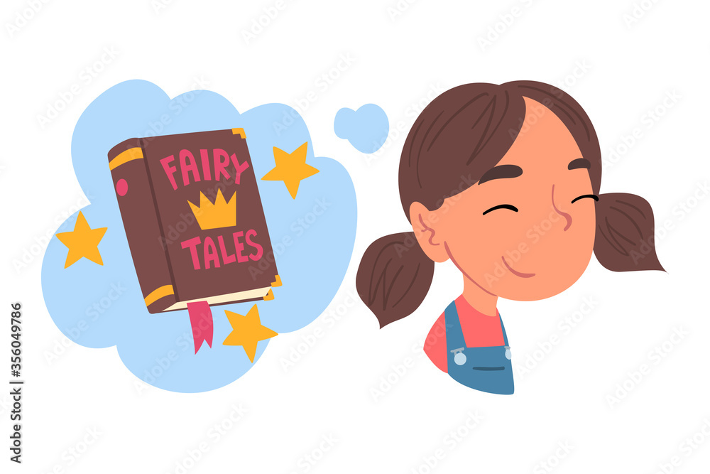 Girl Dreaming about Reading Fairy Tale Book, Human Thoughts and Needs Cartoon Style Vector Illustration on White Background Girl Dreaming about Reading Fairy Tale Book, Human Thoughts and Needs Cartoon Style Vector Illustration on White Background