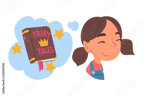 Girl Dreaming about Reading Fairy Tale Book, Human Thoughts and Needs Cartoon Style Vector Illustration on White Background