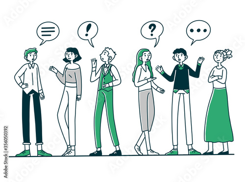 Group of people talking to each other. Men and women chatting with dialog bubbles and gestures. illustration for communication, conversation, discussion concept