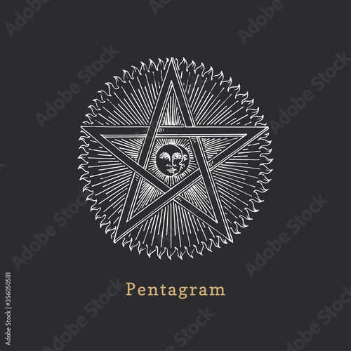 Pentagram with Sun and Crescent, vector illustration in engraving style. Vintage pastiche of esoteric and occult sign.