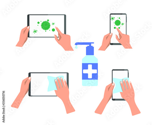 The tablet and phone are contaminated with germs. The hand cleans and disinfects the surface of devices with the help of a special tool. Vector, flat cartoon. Concept: disinfection, cleaning, gadget.