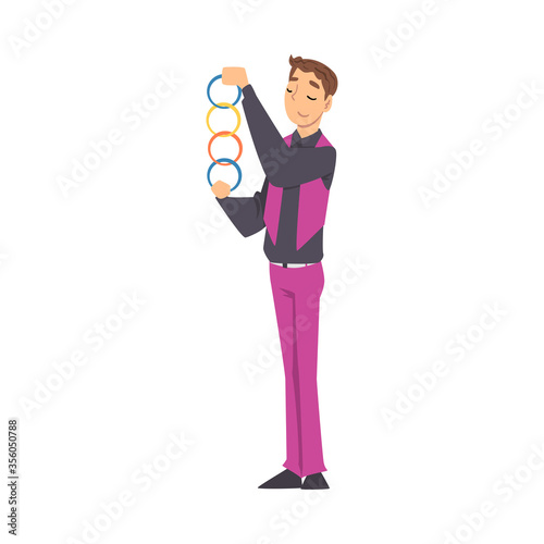 Magician Doing Tricks, Illusionist Character Performing at Magic Show Cartoon Style Vector Illustration on White Background