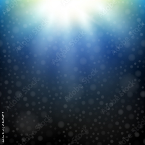 Shining sun in a deep blue sea underwater with bubbles. Vector illustration