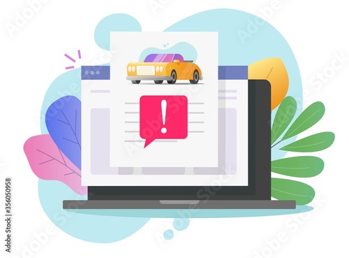 Car fake risk history online description report with warning vehicle access on computer laptop or internet website automobile fraud info document page with important caution notice message colorful