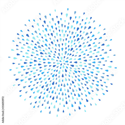 Round shape, circle made of tiny sprayed water drops, droplets, raindrops, tears. Radial splash, splatter template for borders, frames, design element. Shades of blue abstract rainy autumn background.