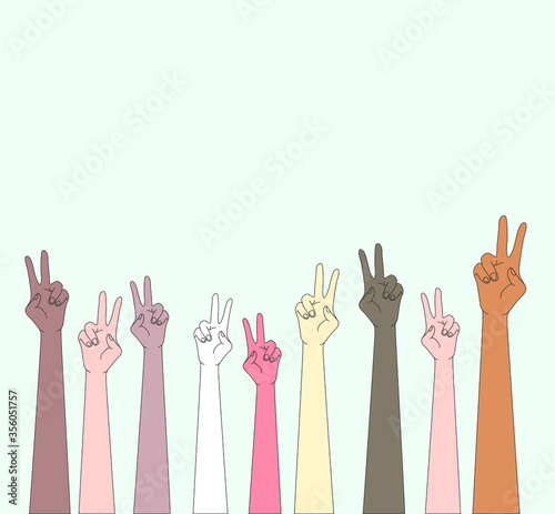 Two fingers up, a sign of victory, peace. Hands right and left up and two fingers straight up.  Vector illustration, flat cartoon, eps