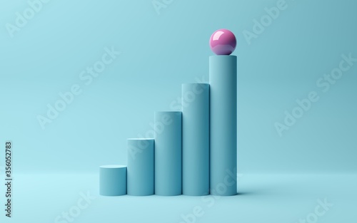 Fototapeta Pink sphere on rising bar graph of cylinders on blue background, abstract modern