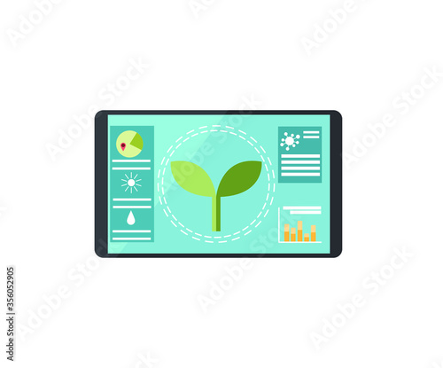 A program to control crops and cereal growth. A tablet with graphs and diagrams of the state of soil and plants. Vector illustration, flat cartoon design, eps 10.