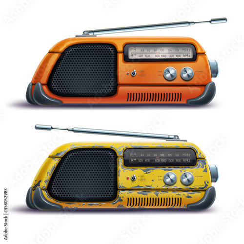 Old orange radio receiver isolated over white background, yellow retro tape recorder. Fun vintage antique music device, audio tuner, sound speaker. Vector digital illustration.