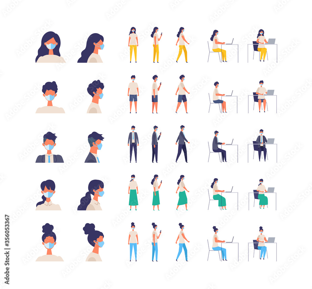 Set of Various people character wearing a surgical mask. Different poses. Vector illustration. full length. Set of Various people character wearing a surgical mask. Different poses. Vector illustration. full length.