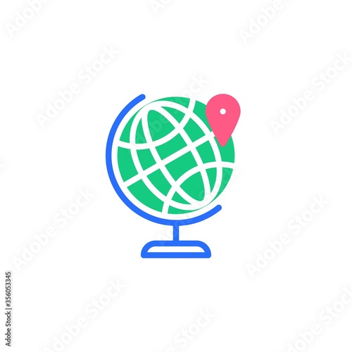 Pin on globe flat icon  vector sign  gps location on globe colorful pictogram isolated on white. Symbol  logo illustration. Flat style design