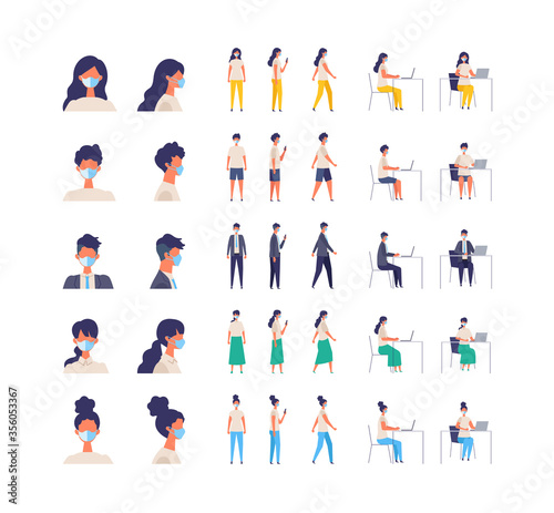 Set of Various people character wearing a surgical mask. Different poses. Vector illustration. full length.