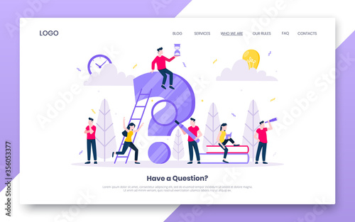 FAQ or Q and A internet landing page concept web template. Teamwork characters working together with faq big question mark, frequently asked questions concept flat style design vector illustration.