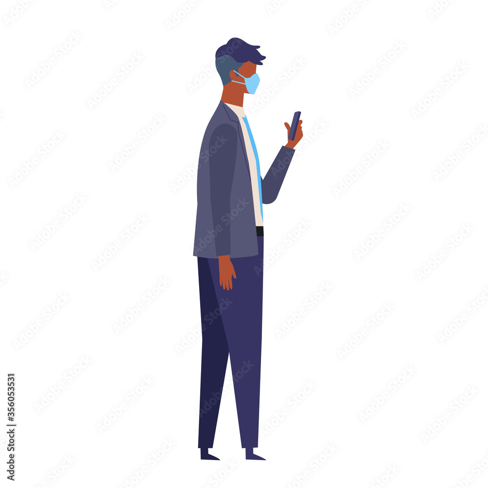 Vector illustration of the businessman texting while walking with a surgical mask.