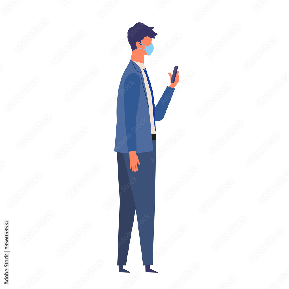 Vector illustration of the businessman texting while walking with a surgical mask.