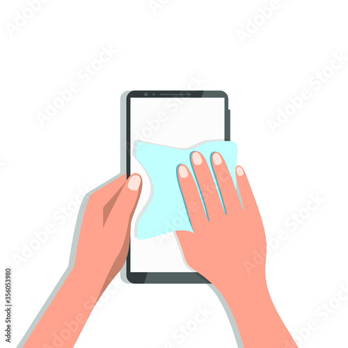 Hands are cleaning a smartphone with a napkin. Gadget screen processing. Vector illustration, flat cartoon design, eps 10.