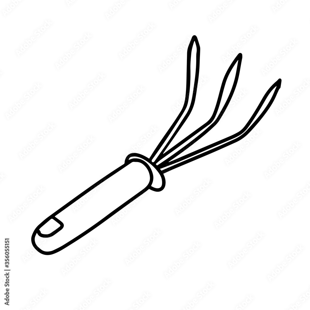 Obraz premium Garden rake isolated on white background. Rake for the garden. Tools for earthworks and plant transplants. Vector illustration in Doodle style