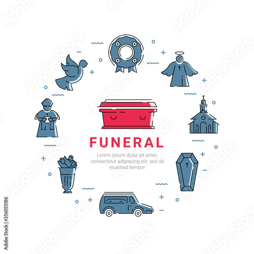 Funeral service icon set in linear style.