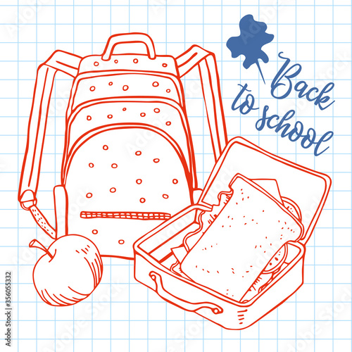 Composition with school backpack, lunchbox with sandwich and apple. Hand drawn vector sketch illustration