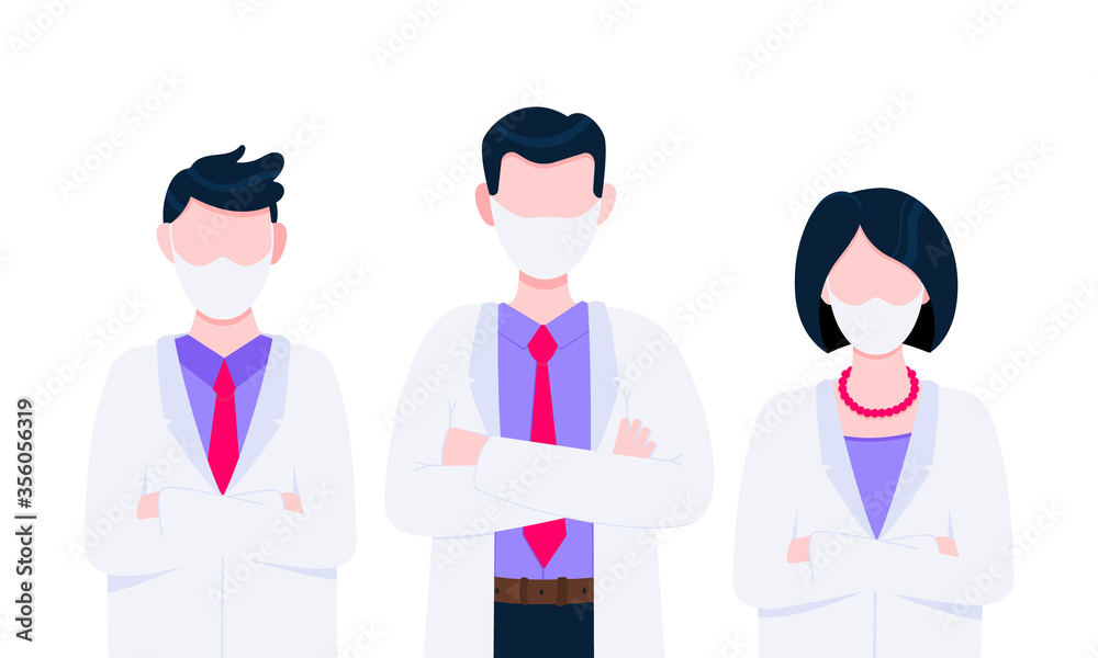 Successful team of medical employee doctors with face masks vector illustration isolated on white background. Three hospital or medic clinic staff doctors standing up with equipment. Successful team of medical employee doctors with face masks vector illustration isolated on white background. Three hospital or medic clinic staff doctors standing up with equipment.