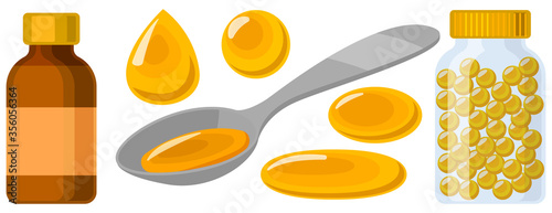 Omega of capsule vector illustration on white background. Isolated cartoon set icon fish fat. Vector cartoon set icon omega of capsule.