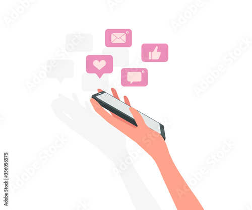 Hand with a telephone. Vector illustration, eps 10. Holds the phone, receives a message, notification, likes and positive rating, review. Concept: social networks, mobile applications.